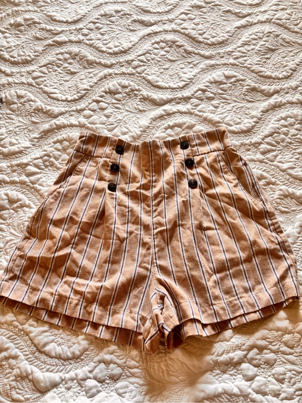 Ci Sono Tan Shorts with Navy Pinstripes and Button Front